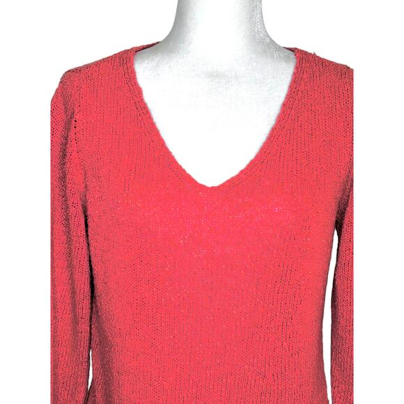 Eileen Fisher Salmon Orange V-Neck Rolled Hem Linen Blend Top - Picture 2 of 8